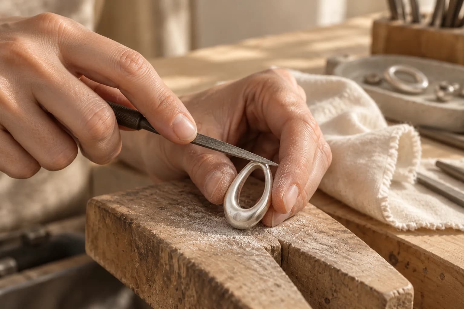 Concept image of a craftsperson filing a silver pendant at a jewellery workbench