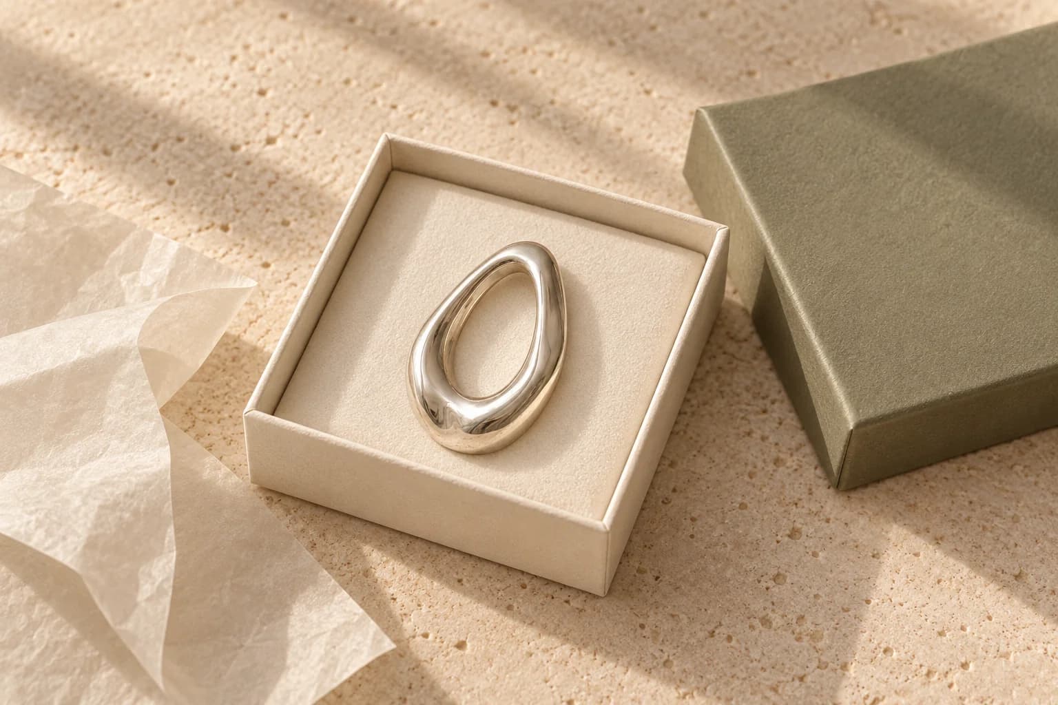 Packaging concept of a silver pendant in an ivory presentation box with an olive lid